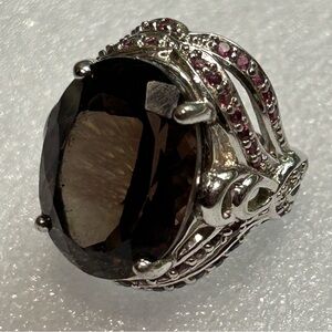 Sterling Silver Ring with Smokey Quartz Center Stone and Pink Accent Stones